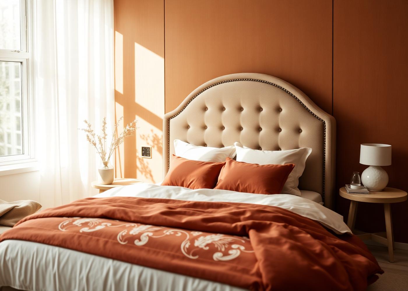 Warm bedroom with curved upholstered headboard